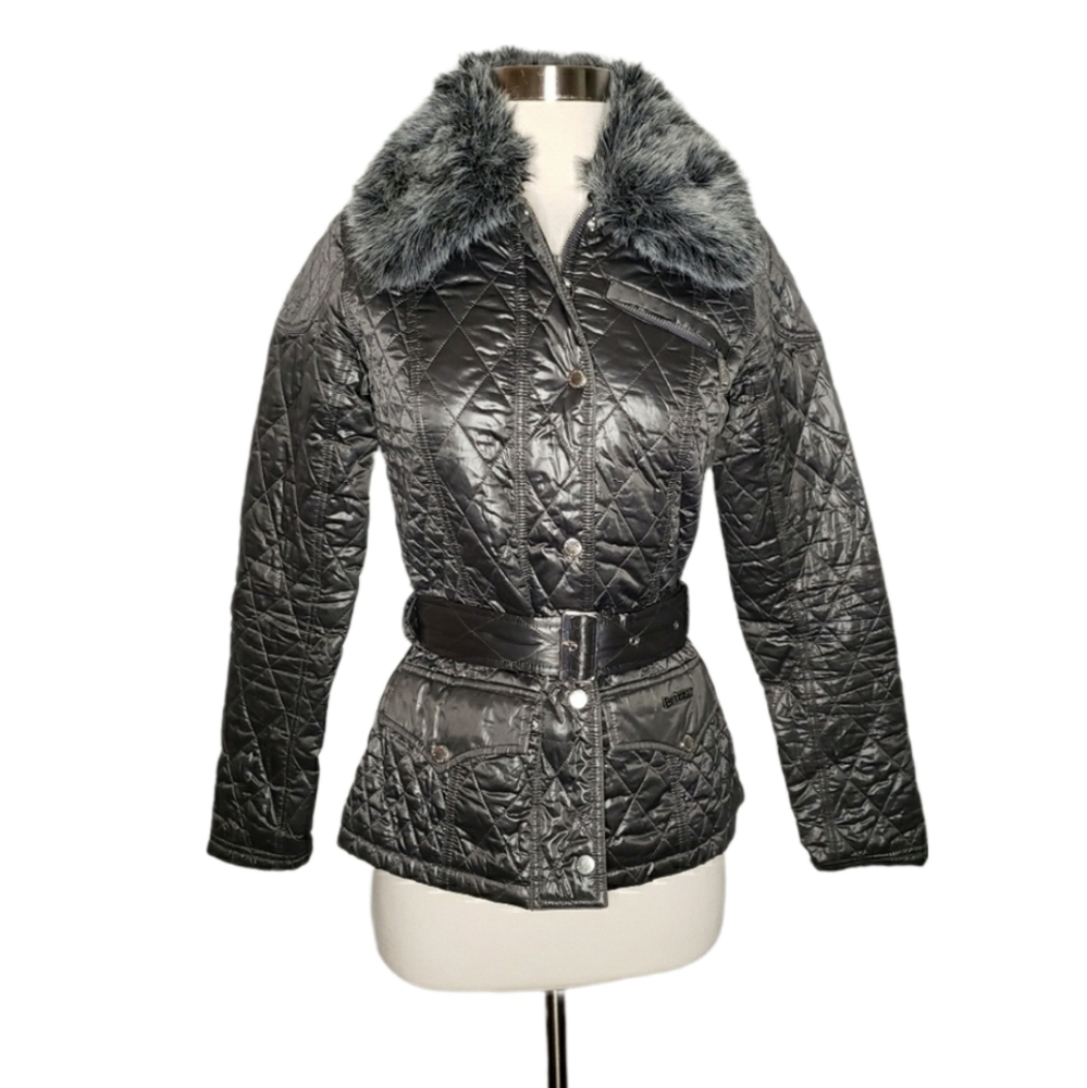 Barbour Size 4 Henderson Charcoal Metallic Quilted Jacket w Belt and Fur Collar